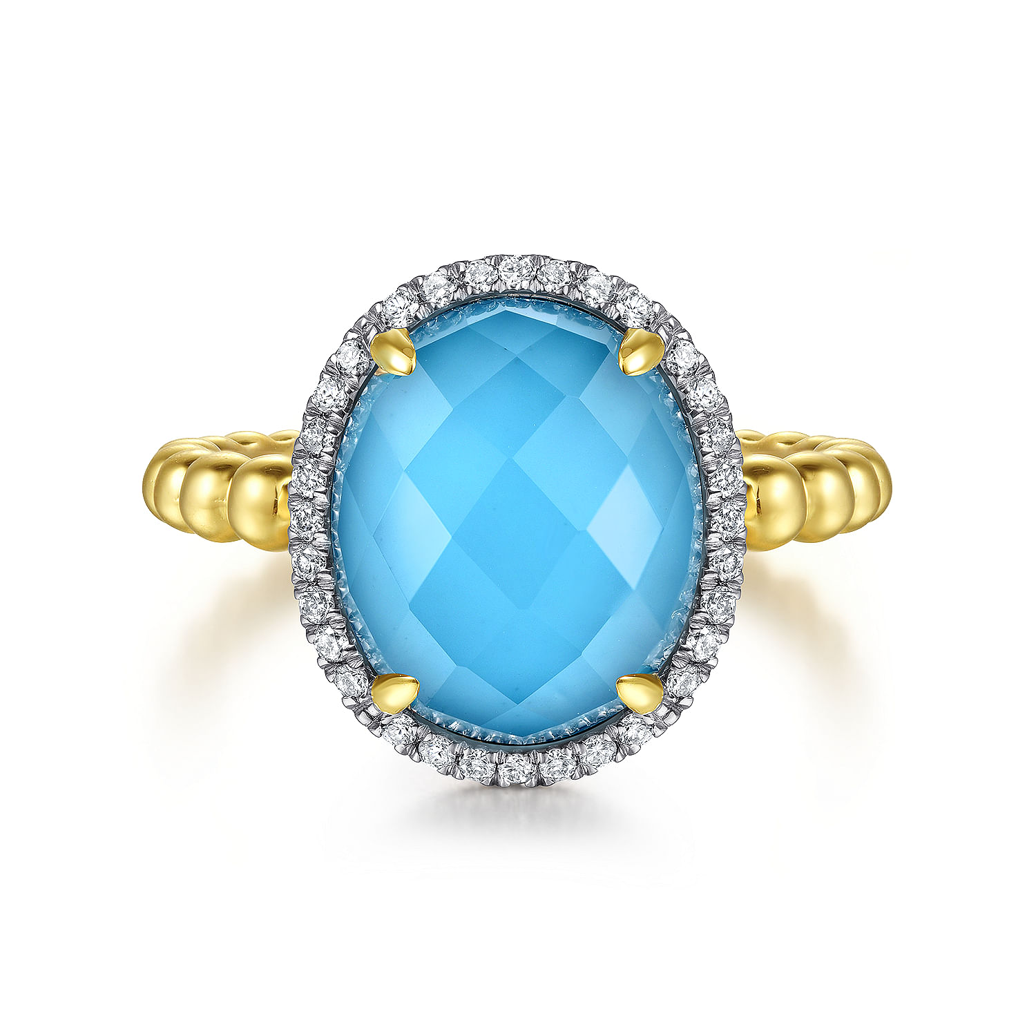 14K Yellow Gold Oval Rock Crystal/Turquoise and Diamond Halo Ring
