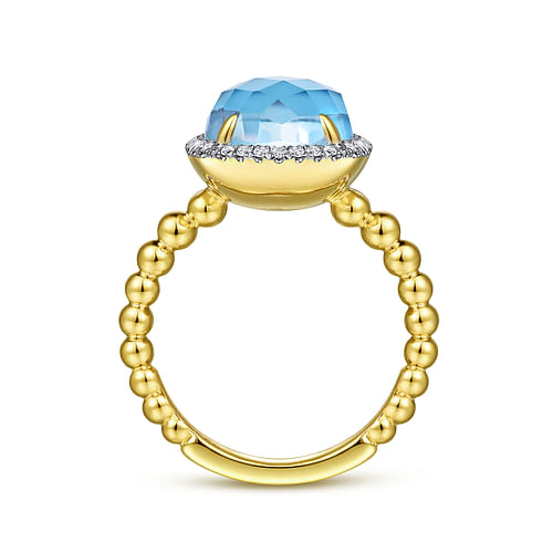 14K Yellow Gold Oval Rock Crystal/Turquoise and Diamond Halo Ring