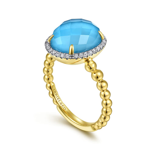 14K Yellow Gold Oval Rock Crystal/Turquoise and Diamond Halo Ring