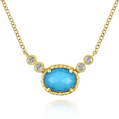 14K Yellow Gold Oval Rock Crystal/Turquoise and Diamond Pendant Necklace