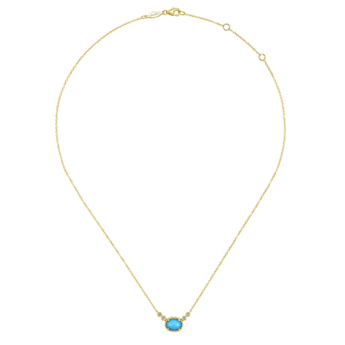 14K Yellow Gold Oval Rock Crystal/Turquoise and Diamond Pendant Necklace