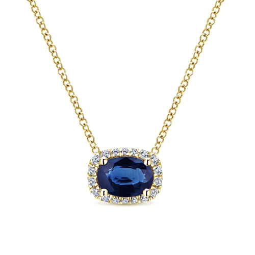 14K Yellow Gold Oval Sapphire and Diamond Halo Pendant Necklace