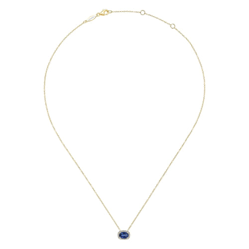 14K Yellow Gold Oval Sapphire and Diamond Halo Pendant Necklace