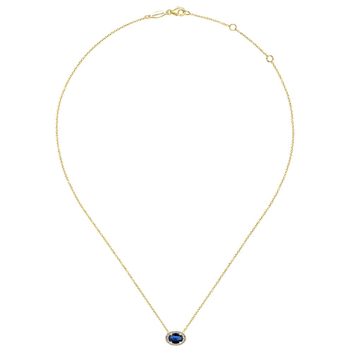 14K Yellow Gold Oval Sapphire and Diamond Halo Pendant Necklace