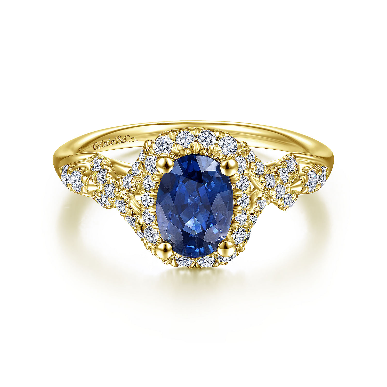 14K Yellow Gold Oval Sapphire and Diamond Halo Ring