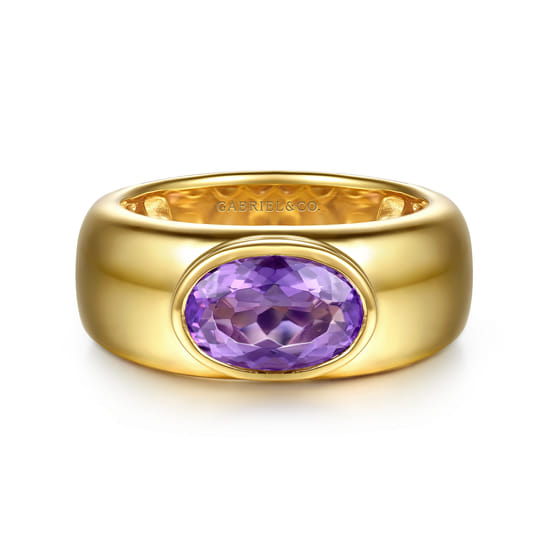 14K Yellow Gold Oval Shape Amethyst Wide Band Ring