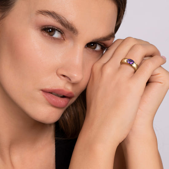 14K Yellow Gold Oval Shape Amethyst Wide Band Ring angle 5