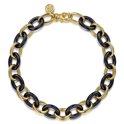 14K Yellow Gold Oval Shape Hollow Tube and Black Ceramic Tennis Bracelet