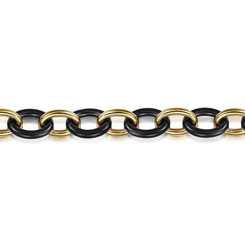 14K Yellow Gold Oval Shape Hollow Tube and Black Ceramic Tennis Bracelet