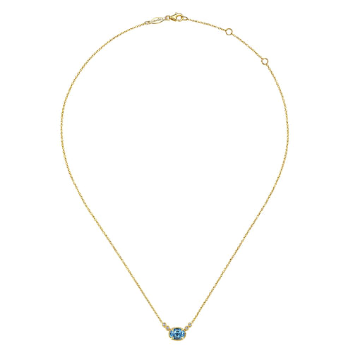 14K Yellow Gold Oval Swiss Blue Topaz Pendant Necklace with Diamond Accents