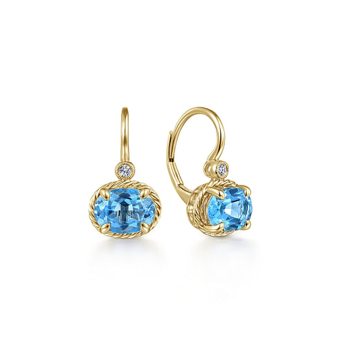 14K Yellow Gold Oval Swiss Blue Topaz and Diamond Leverback Earrings