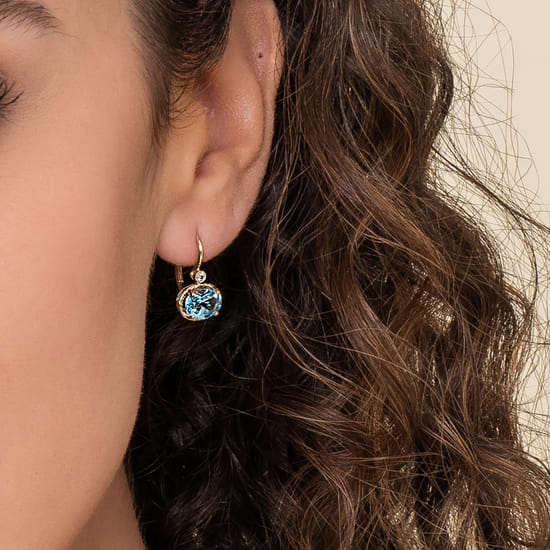 14K Yellow Gold Oval Swiss Blue Topaz and Diamond Leverback Earrings angle 2