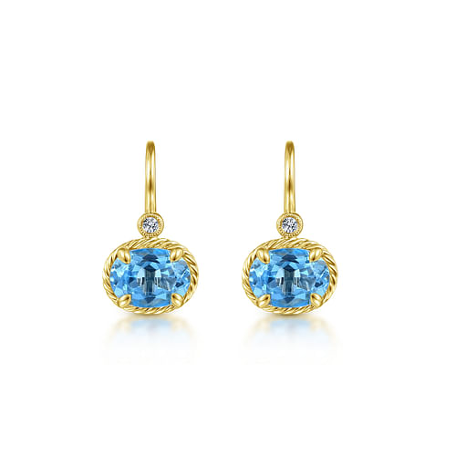 14K Yellow Gold Oval Swiss Blue Topaz and Diamond Leverback Earrings