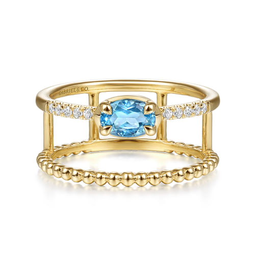 14K Yellow Gold Oval Swiss Blue Topaz and Diamond Split Shank Ring