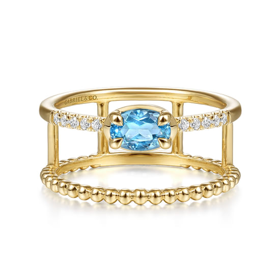 Gabriel - 14K Yellow Gold Oval Swiss Blue Topaz and Diamond Split Shank Ring