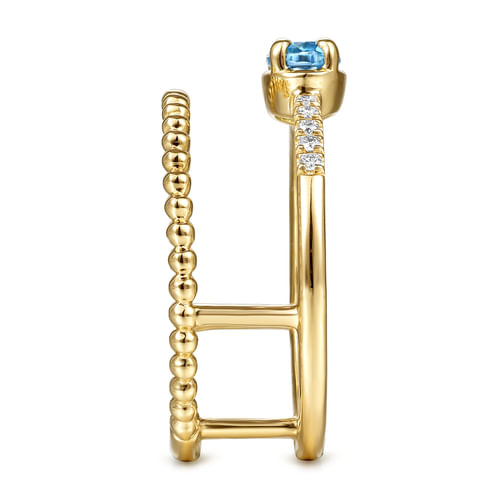 14K Yellow Gold Oval Swiss Blue Topaz and Diamond Split Shank Ring