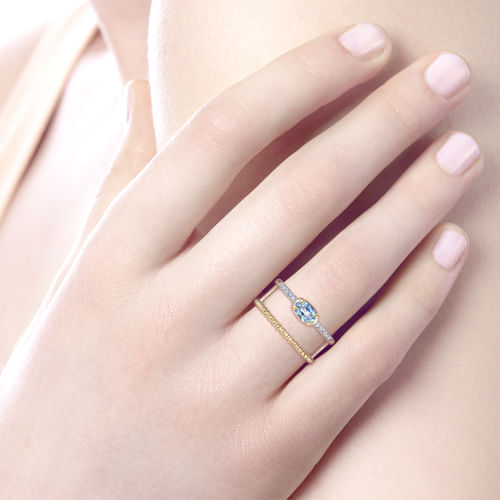 14K Yellow Gold Oval Swiss Blue Topaz and Diamond Split Shank Ring