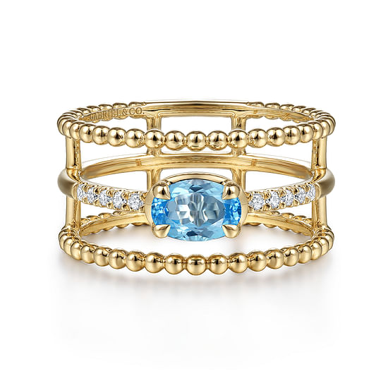 Gabriel - 14K Yellow Gold Oval Swiss Blue Topaz and Diamond Three Row Ring