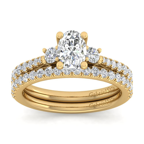 14K Yellow Gold Oval Three Stone Diamond Engagement Ring