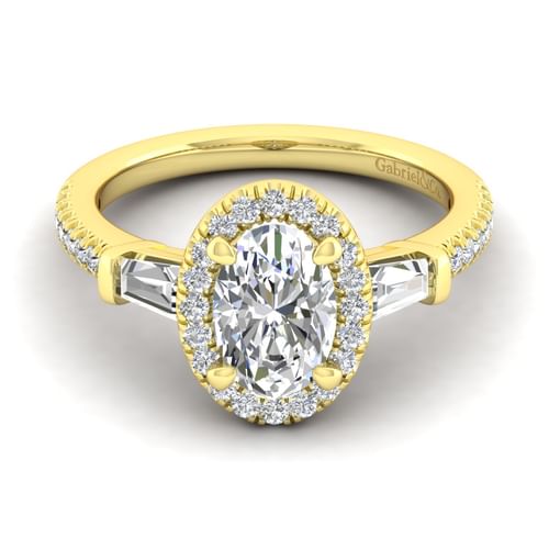 14K Yellow Gold Oval Three Stone Halo Diamond Channel Set Engagement Ring