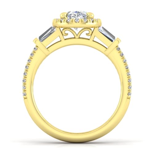 14K Yellow Gold Oval Three Stone Halo Diamond Channel Set Engagement Ring