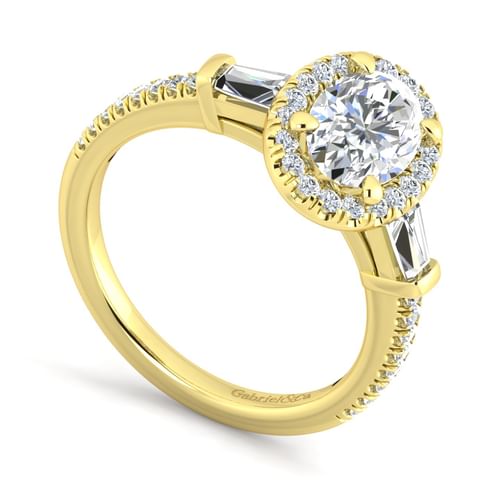 14K Yellow Gold Oval Three Stone Halo Diamond Channel Set Engagement Ring