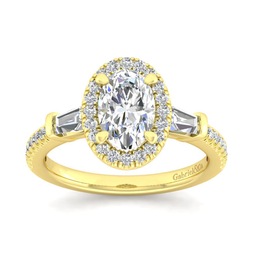 14K Yellow Gold Oval Three Stone Halo Diamond Channel Set Engagement Ring