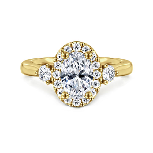 14K Yellow Gold Oval Three Stone Halo Diamond Engagement Ring
