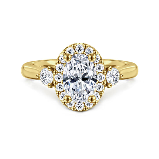 Gabriel - 14K Yellow Gold Oval Three Stone Halo Diamond Engagement Ring