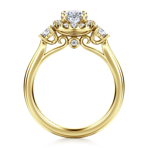 14K Yellow Gold Oval Three Stone Halo Diamond Engagement Ring