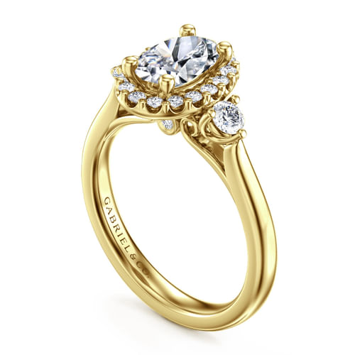 14K Yellow Gold Oval Three Stone Halo Diamond Engagement Ring