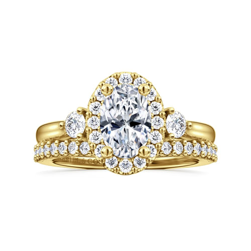 14K Yellow Gold Oval Three Stone Halo Diamond Engagement Ring