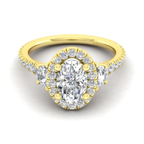 14K Yellow Gold Oval Three Stone Halo Diamond Engagement Ring