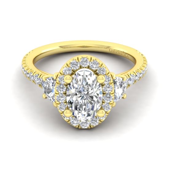 Gabriel - 14K Yellow Gold Oval Three Stone Halo Diamond Engagement Ring