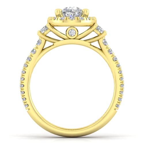 14K Yellow Gold Oval Three Stone Halo Diamond Engagement Ring