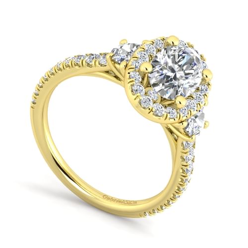 14K Yellow Gold Oval Three Stone Halo Diamond Engagement Ring