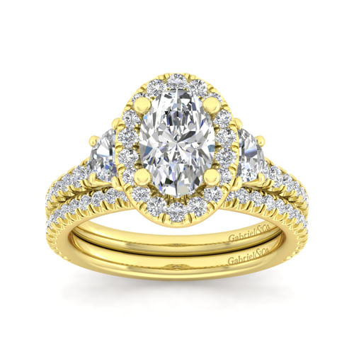 14K Yellow Gold Oval Three Stone Halo Diamond Engagement Ring