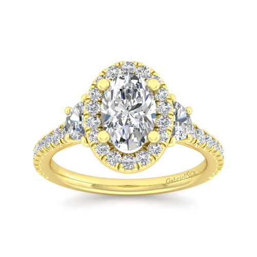 14K Yellow Gold Oval Three Stone Halo Diamond Engagement Ring
