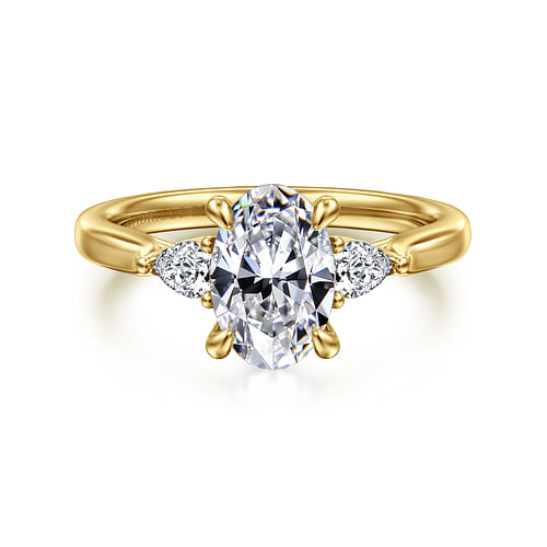 14K Yellow Gold Oval Three Stone Lotus Diamond Engagement Ring