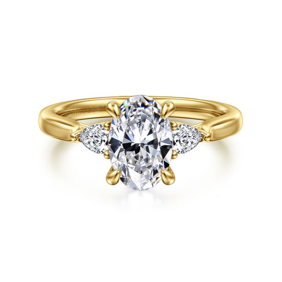 Gabriel - 14K Yellow Gold Oval Three Stone Lotus Diamond Engagement Ring