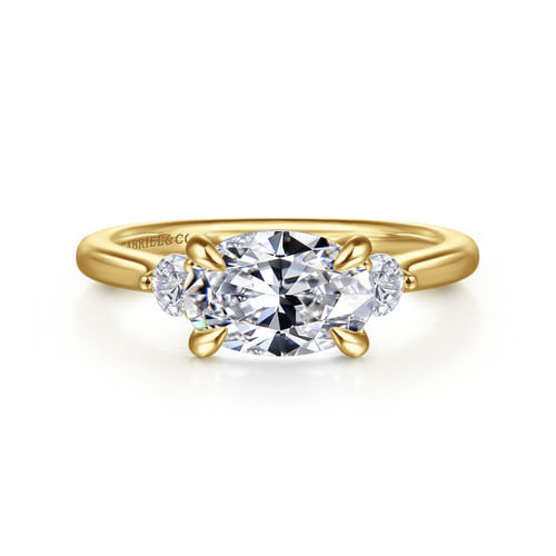 14K Yellow Gold Oval Three Stone Lotus Diamond Engagement Ring