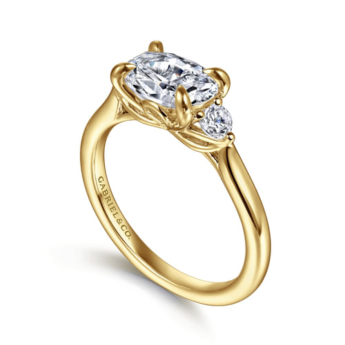 14K Yellow Gold Oval Three Stone Lotus Diamond Engagement Ring