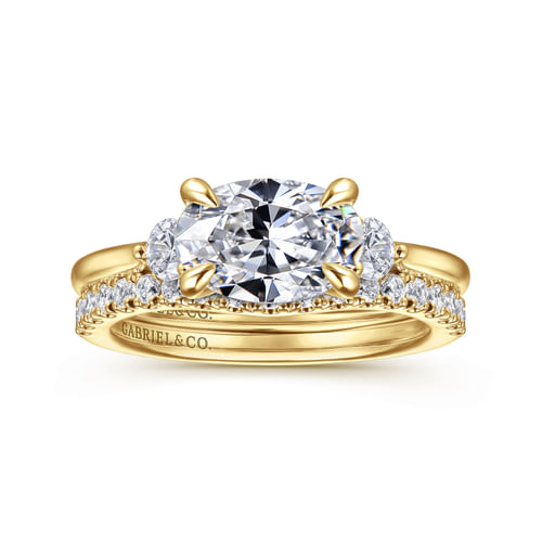14K Yellow Gold Oval Three Stone Lotus Diamond Engagement Ring