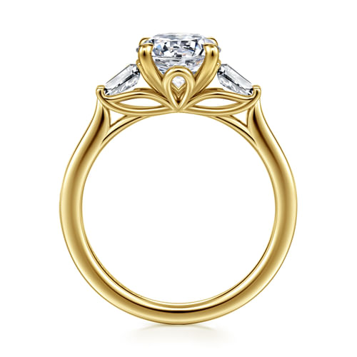 14K Yellow Gold Oval Three Stone Lotus Diamond Engagement Ring