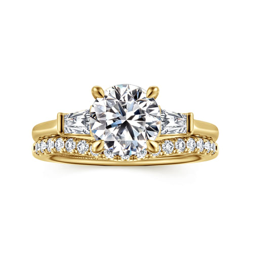 14K Yellow Gold Oval Three Stone Lotus Diamond Engagement Ring