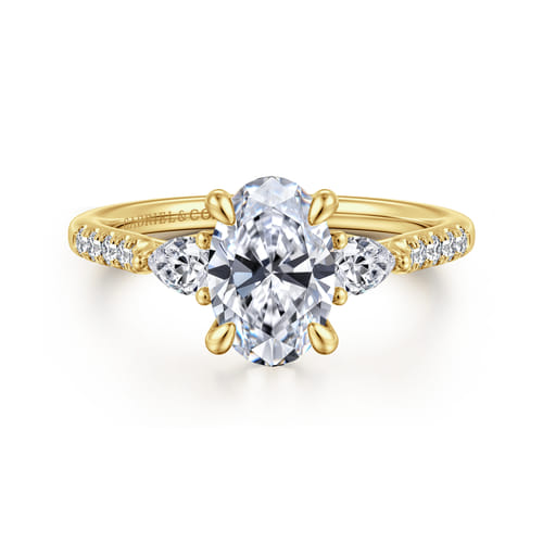 14K Yellow Gold Oval Three Stone Lotus Diamond Engagement Ring