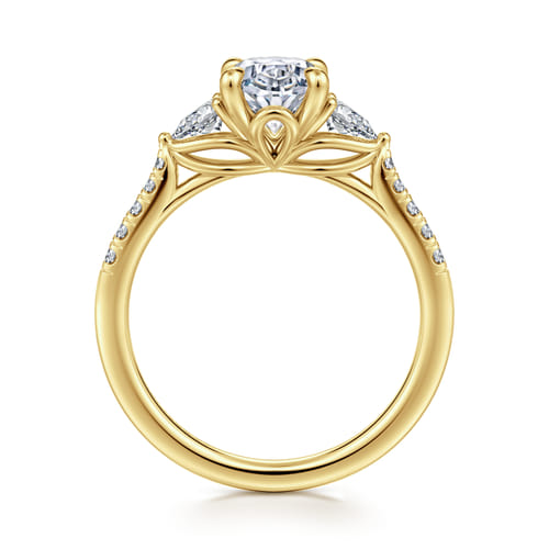 14K Yellow Gold Oval Three Stone Lotus Diamond Engagement Ring