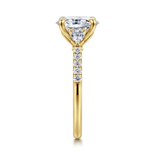 14K Yellow Gold Oval Three Stone Lotus Diamond Engagement Ring