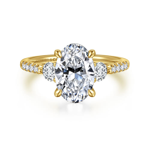 14K Yellow Gold Oval Three Stone Lotus Diamond Engagement Ring