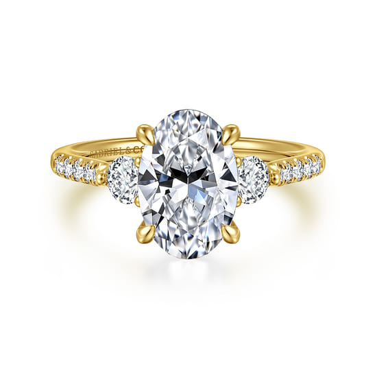 Gabriel - 14K Yellow Gold Oval Three Stone Lotus Diamond Engagement Ring